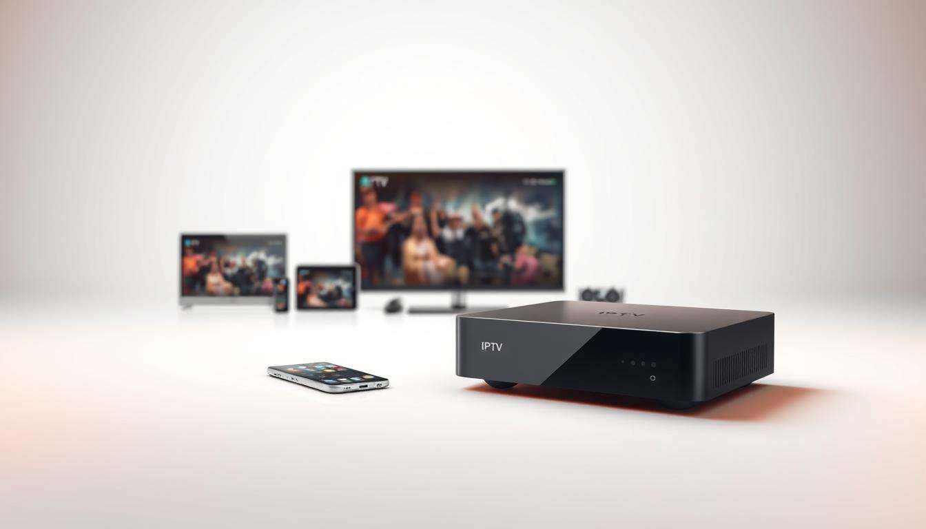 A sleek and modern IPTV device, showcased in a minimalist setup. The device, rendered in high detail, is positioned prominently in the foreground, surrounded by a clean, white background. Subtle shadows and reflections add depth and realism. In the middle ground, various compatible devices such as smart TVs, smartphones, and tablets are displayed, conveying the versatility of the IPTV solution. The background features a subtle grid pattern, symbolizing the technical requirements and infrastructure needed to support the IPTV service. Warm, directional lighting creates a sense of professionalism and sophistication, highlighting the device's key features. The overall composition and styling evoke a high-quality, user-friendly IPTV experience.